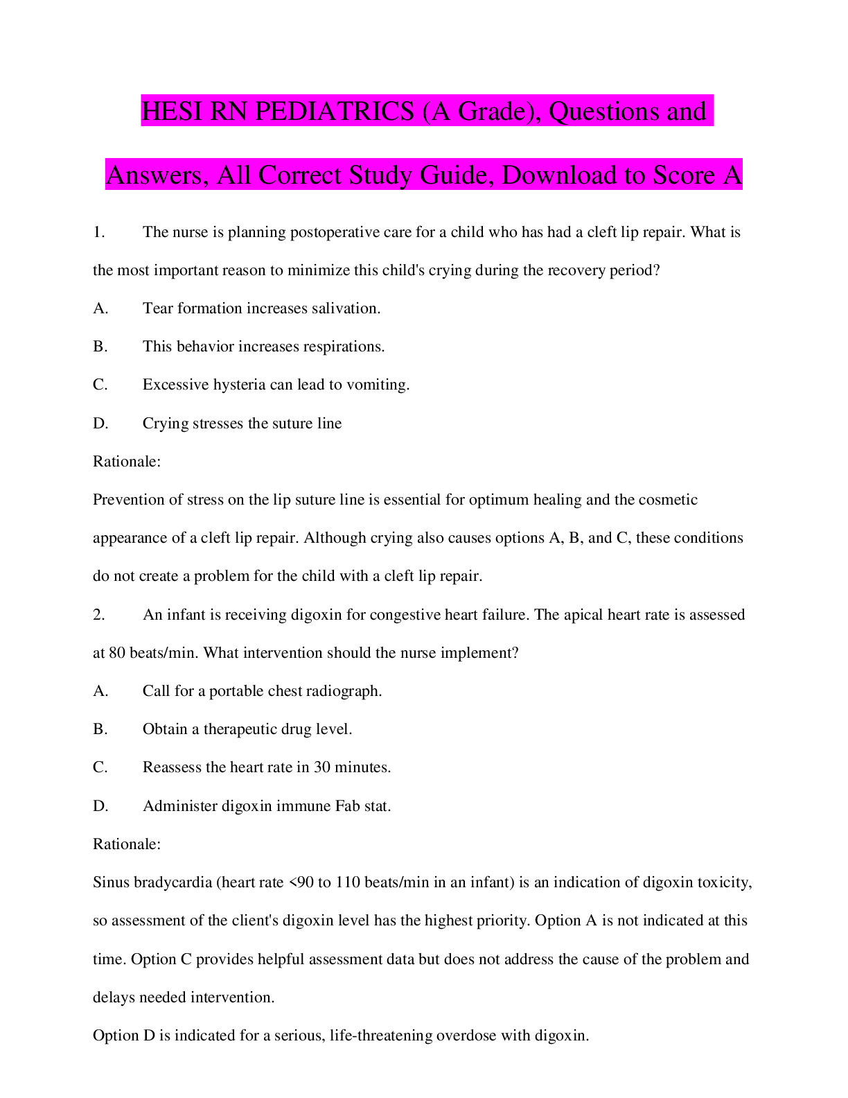 Preview image for HESI RN PEDIATRICS (A Grade), Questions and Answers, All Correct Study Guide, Download to Score A